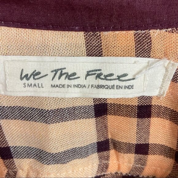 Free People Pacific Dawn Plaid Shirt Drawstring Size Small Brown Boho Top Button - Picture 4 of 11